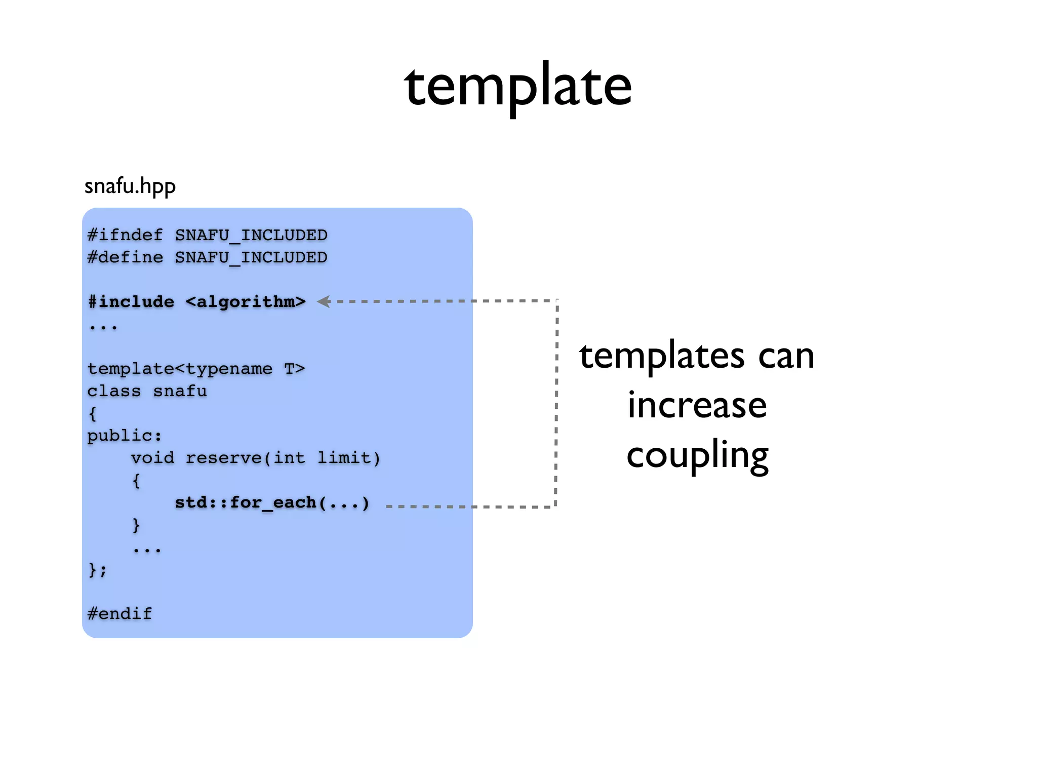 template
#ifndef SNAFU_INCLUDED
#define SNAFU_INCLUDED
#include <algorithm>
...
template<typename T>
class snafu
{
public:
void reserve(int limit)
{
std::for_each(...)
}
...
};
#endif
snafu.hpp
templates can
increase
coupling
 