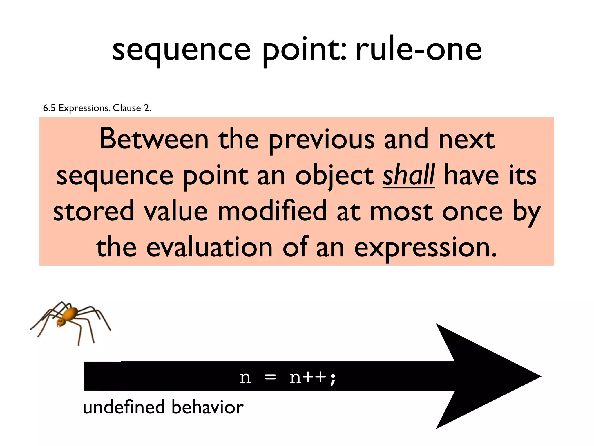 sequence point: rule-one
Between the previous and next
sequence point an object shall have its
stored value modiﬁed at most once by
the evaluation of an expression.
n = n++;
6.5 Expressions. Clause 2.
undeﬁned behavior
 