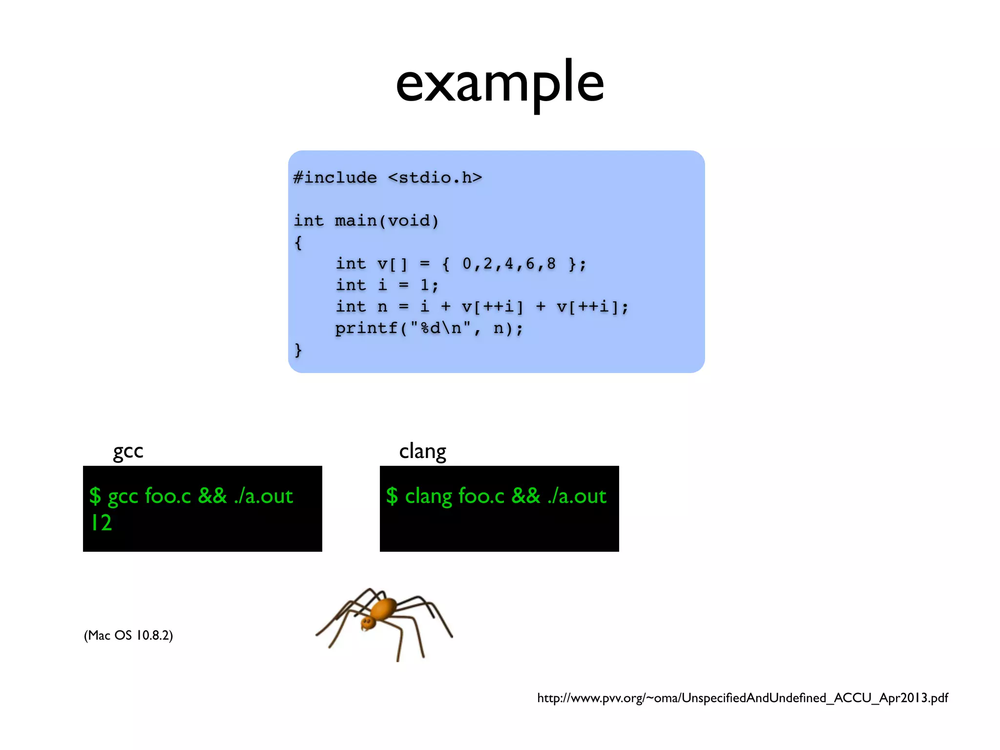 example
#include <stdio.h>
int main(void)
{
int v[] = { 0,2,4,6,8 };
int i = 1;
int n = i + v[++i] + v[++i];
printf("%dn", n);
}
$ gcc foo.c && ./a.out
gcc
$ clang foo.c && ./a.out
clang
(Mac OS 10.8.2)
$ gcc foo.c && ./a.out
12
http://www.pvv.org/~oma/UnspeciﬁedAndUndeﬁned_ACCU_Apr2013.pdf
 
