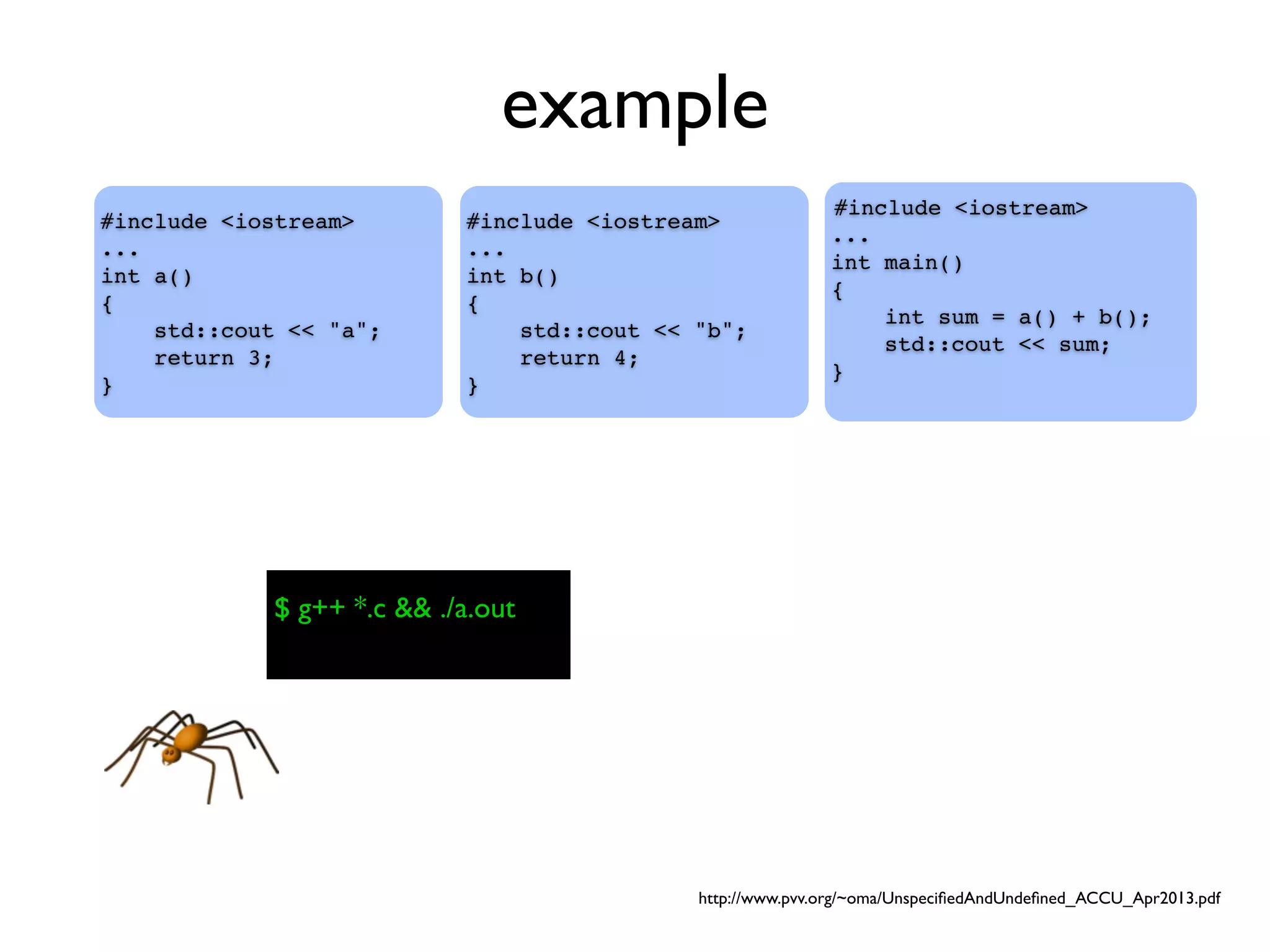 example
#include <iostream>
...
int main()
{
int sum = a() + b();
std::cout << sum;
}
$ g++ *.c && ./a.out
#include <iostream>
...
int a()
{
std::cout << "a";
return 3;
}
#include <iostream>
...
int b()
{
std::cout << "b";
return 4;
}
http://www.pvv.org/~oma/UnspeciﬁedAndUndeﬁned_ACCU_Apr2013.pdf
 