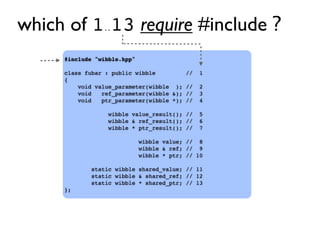 which of 1..13 require #include ?
#include "wibble.hpp"
class fubar : public wibble // 1
{
void value_parameter(wibble ); // 2
void ref_parameter(wibble &); // 3
void ptr_parameter(wibble *); // 4
wibble value_result(); // 5
wibble & ref_result(); // 6
wibble * ptr_result(); // 7
wibble value; // 8
wibble & ref; // 9
wibble * ptr; // 10
static wibble shared_value; // 11
static wibble & shared_ref; // 12
static wibble * shared_ptr; // 13
};
 