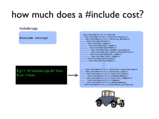 how much does a #include cost?
#include <string>
includer.cpp
$ g++ -H includer.cpp &> lines
$ wc -l lines
. /usr/include/c++/4.2.1/string
.. /usr/include/c++/4.2.1/bits/c++config.h
... /usr/include/c++/4.2.1/bits/os_defines.h
.... /usr/include/unistd.h
..... /usr/include/_types.h
...... /usr/include/sys/_types.h
....... /usr/include/sys/cdefs.h
........ /usr/include/sys/_symbol_aliasing.h
........ /usr/include/sys/_posix_availability.h
....... /usr/include/machine/_types.h
........ /usr/include/i386/_types.h
..... /usr/include/sys/unistd.h
...... /usr/include/sys/cdefs.h
...
...
...
... /usr/include/c++/4.2.1/bits/stl_uninitialized.h
... /usr/include/c++/4.2.1/bits/stl_algo.h
.... /usr/include/c++/4.2.1/bits/stl_heap.h
..... /usr/include/c++/4.2.1/debug/debug.h
.... /usr/include/c++/4.2.1/bits/stl_tempbuf.h
..... /usr/include/c++/4.2.1/memory
.... /usr/include/c++/4.2.1/debug/debug.h
.. /usr/include/c++/4.2.1/bits/basic_string.tcc
 