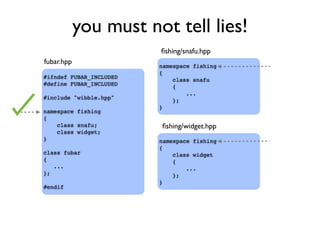 you must not tell lies!
#ifndef FUBAR_INCLUDED
#define FUBAR_INCLUDED
#include "wibble.hpp"
namespace fishing
{
class snafu;
class widget;
}
class fubar
{
...
};
#endif
fubar.hpp
namespace fishing
{
class snafu
{
...
};
}
ﬁshing/snafu.hpp
namespace fishing
{
class widget
{
...
};
}
ﬁshing/widget.hpp
 