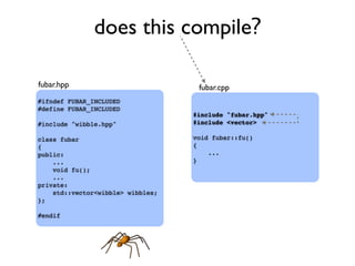 does this compile?
#ifndef FUBAR_INCLUDED
#define FUBAR_INCLUDED
#include "wibble.hpp"
class fubar
{
public:
...
void fu();
...
private:
std::vector<wibble> wibbles;
};
#endif
#include "fubar.hpp"
#include <vector>
void fubar::fu()
{
...
}
fubar.hpp fubar.cpp
 
