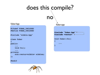 does this compile?
#ifndef FUBAR_INCLUDED
#define FUBAR_INCLUDED
#include "wibble.hpp"
class fubar
{
public:
...
void fu();
...
private:
std::vector<wibble> wibbles;
};
#endif
#include "fubar.hpp"
#include <vector>
void fubar::fu()
{
...
}
fubar.hpp fubar.cpp
no
 
