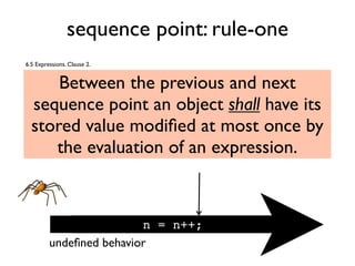 sequence point: rule-one
Between the previous and next
sequence point an object shall have its
stored value modiﬁed at most once by
the evaluation of an expression.
n = n++;
6.5 Expressions. Clause 2.
undeﬁned behavior
 