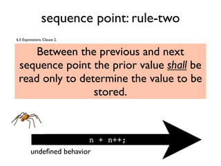 sequence point: rule-two
Between the previous and next
sequence point the prior value shall be
read only to determine the value to be
stored.
n + n++;
6.5 Expressions. Clause 2.
undeﬁned behavior
 