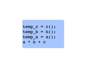 temp_c = c();
temp_b = b();
temp_a = a();
a * b + c
 