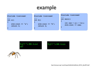 example
#include <iostream>
...
int main()
{
int sum = a() + b();
std::cout << sum;
}
$ g++ *.c && ./a.out $ g++ *.c && ./a.out
#include <iostream>
...
int a()
{
std::cout << "a";
return 3;
}
#include <iostream>
...
int b()
{
std::cout << "b";
return 4;
}
$ g++ *.c && ./a.out
ab7
http://www.pvv.org/~oma/UnspeciﬁedAndUndeﬁned_ACCU_Apr2013.pdf
 