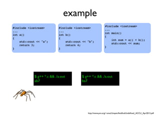 example
#include <iostream>
...
int main()
{
int sum = a() + b();
std::cout << sum;
}
$ g++ *.c && ./a.out $ g++ *.c && ./a.out
#include <iostream>
...
int a()
{
std::cout << "a";
return 3;
}
#include <iostream>
...
int b()
{
std::cout << "b";
return 4;
}
$ g++ *.c && ./a.out
ab7
$ g++ *.c && ./a.out
ba7
http://www.pvv.org/~oma/UnspeciﬁedAndUndeﬁned_ACCU_Apr2013.pdf
 