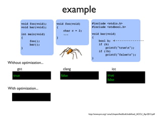 example
#include <stdio.h>
#include <stdbool.h>
void bar(void)
{
bool b;
if (b)
printf("truen");
if (!b)
printf("falsen");
}
void foo(void);
void bar(void);
int main(void)
{
foo();
bar();
}
void foo(void)
{
char c = 2;
...
}
gcc clang icc
Without optimization...
With optimization...
true false true
false
http://www.pvv.org/~oma/UnspeciﬁedAndUndeﬁned_ACCU_Apr2013.pdf
 