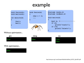 example
#include <stdio.h>
#include <stdbool.h>
void bar(void)
{
bool b;
if (b)
printf("truen");
if (!b)
printf("falsen");
}
void foo(void);
void bar(void);
int main(void)
{
foo();
bar();
}
void foo(void)
{
char c = 2;
...
}
gcc clang icc
Without optimization...
With optimization...
true false true
false
false
http://www.pvv.org/~oma/UnspeciﬁedAndUndeﬁned_ACCU_Apr2013.pdf
 