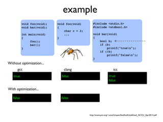example
#include <stdio.h>
#include <stdbool.h>
void bar(void)
{
bool b;
if (b)
printf("truen");
if (!b)
printf("falsen");
}
void foo(void);
void bar(void);
int main(void)
{
foo();
bar();
}
void foo(void)
{
char c = 2;
...
}
gcc clang icc
Without optimization...
With optimization...
true false true
false
false false
http://www.pvv.org/~oma/UnspeciﬁedAndUndeﬁned_ACCU_Apr2013.pdf
 