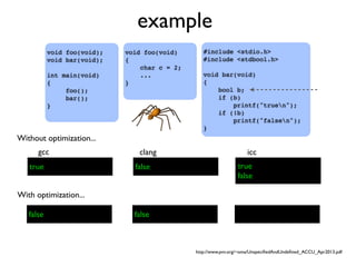 example
#include <stdio.h>
#include <stdbool.h>
void bar(void)
{
bool b;
if (b)
printf("truen");
if (!b)
printf("falsen");
}
void foo(void);
void bar(void);
int main(void)
{
foo();
bar();
}
void foo(void)
{
char c = 2;
...
}
gcc clang icc
Without optimization...
With optimization...
true false true
false
false false
http://www.pvv.org/~oma/UnspeciﬁedAndUndeﬁned_ACCU_Apr2013.pdf
 