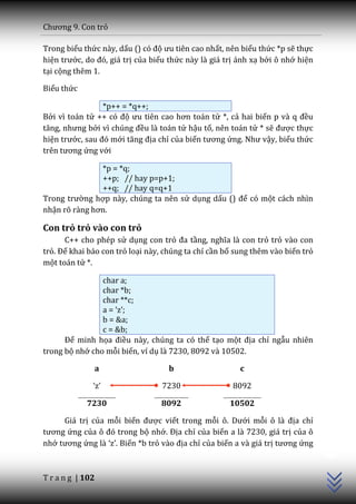 Chương 9. Con trỏ

Trong biểu thức này, dấu () có độ ưu tiên cao nhất, nên biểu thức *p sẽ thực
hiện trước, do đó, gi| trị của biểu thức này là giá trị ánh xạ bởi ô nhớ hiện
tại cộng thêm 1.

Biểu thức

                 *p++ = *q++;
Bởi vì toán tử ++ có độ ưu tiên cao hơn to|n tử *, cả hai biến p v{ q đều
tăng, nhưng bởi vì chúng đều là toán tử hậu tố, nên toán tử * sẽ được thực
hiện trước, sau đó mới tăng địa chỉ của biến tương ứng. Như vậy, biểu thức
trên tương ứng với

               *p = *q;
               ++p; // hay p=p+1;
               ++q; // hay q=q+1
Trong trường hợp này, chúng ta nên sử dụng dấu () để có một cách nhìn
nhận rõ r{ng hơn.

Con trỏ trỏ vào con trỏ
      C++ cho phép sử dụng con trỏ đa tầng, nghĩa l{ con trỏ trỏ vào con
trỏ. Để khai báo con trỏ loại này, chúng ta chỉ cần bổ sung thêm vào biến trỏ
một toán tử *.

                char a;
                char *b;
                char **c;
                a = ‘z’;
                b = &a;
                c = &b;
      Để minh họa điều này, chúng ta có thể tạo một địa chỉ ngẫu nhiên
trong bộ nhớ cho mỗi biến, ví dụ là 7230, 8092 và 10502.

              a                    b                    c

              ‘z’                7230                 8092

            7230                 8092                10502

     Giá trị của mỗi biến được viết trong mỗi ô. Dưới mỗi ô l{ địa chỉ
                                                                                C++




tương ứng của ô đó trong bộ nhớ. Địa chỉ của biến a là 7230, giá trị của ô
nhớ tương ứng l{ ‘z’. Biến *b trỏ vào địa chỉ của biến a và giá trị tương ứng



T r a n g | 102
 