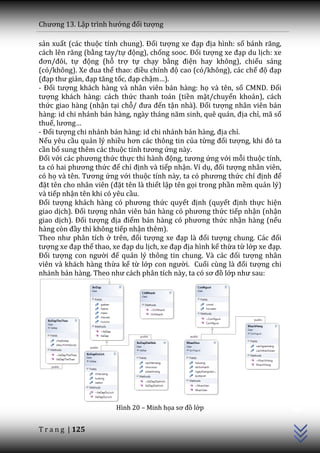 Chương 13. Lập trình hướng đối tượng

sản xuất (các thuộc tính chung). Đối tượng xe đạp địa hình: số b|nh răng,
c|ch lên răng (bằng tay/tự động), chống sooc. Đối tượng xe đạp du lịch: xe
đơn/đôi, tự động (hỗ trợ tự chạy bằng điện hay không), chiếu sáng
(có/không). Xe đua thể thao: điều chỉnh độ cao (có/không), các chế độ đạp
(đạp thư giản, đạp tăng tốc, đạp chậm…).
- Đối tượng khách hàng và nhân viên bán hàng: họ và tên, số CMND. Đối
tượng khách hàng: cách thức thanh toán (tiền mặt/chuyển khoản), cách
thức giao hàng (nhận tại chỗ/ đưa đến tận nh{). Đối tượng nhân viên bán
h{ng: id chi nh|nh b|n h{ng, ng{y th|ng năm sinh, quê qu|n, địa chỉ, mã số
thuế, lương…
- Đối tượng chi nh|nh b|n h{ng: id chi nh|nh b|n h{ng, địa chỉ.
Nếu yêu cầu quản lý nhiều hơn c|c thông tin của từng đối tượng, khi đó ta
cần bổ sung thêm các thuộc tính tương ứng này.
Đối với c|c phương thức thực thi h{nh động, tương ứng với mỗi thuộc tính,
ta có hai phương thức để chỉ định và tiếp nhận. Ví dụ, đối tượng nhân viên,
có họ v{ tên. Tương ứng với thuộc tính n{y, ta có phương thức chỉ định để
đặt tên cho nh}n viên (đặt tên là thiết lập tên gọi trong phần mềm quản lý)
và tiếp nhận tên khi có yêu cầu.
Đối tượng kh|ch h{ng có phương thức quyết định (quyết định thực hiện
giao dịch). Đối tượng nh}n viên b|n h{ng có phương thức tiếp nhận (nhận
giao dịch). Đối tượng địa điểm b|n h{ng có phương thức nhận hàng (nếu
h{ng còn đầy thì không tiếp nhận thêm).
Theo như ph}n tích ở trên, đối tượng xe đạp l{ đối tượng chung. C|c đối
tượng xe đạp thể thao, xe đạp du lịch, xe đạp địa hình kế thừa từ lớp xe đạp.
Đối tượng con người để quản lý thông tin chung. V{ c|c đối tượng nhân
viên và khách hàng thừa kế từ lớp con người. Cuối cùng l{ đối tượng chi
nh|nh b|n h{ng. Theo như c|ch ph}n tích n{y, ta có sơ đồ lớp như sau:


                                                                                C++




                        Hình 20 – Minh họa sơ đồ lớp


T r a n g | 125
 