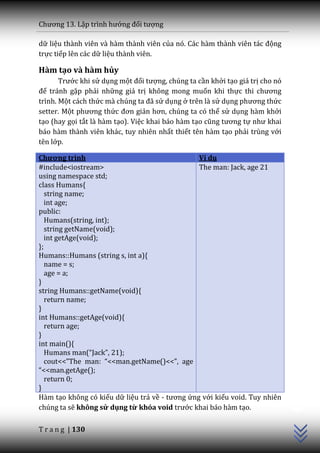 Chương 13. Lập trình hướng đối tượng

dữ liệu thành viên và hàm thành viên của nó. C|c h{m th{nh viên t|c động
trực tiếp lên các dữ liệu thành viên.

Hàm tạo và hàm hủy
       Trước khi sử dụng một đối tượng, chúng ta cần khởi tạo giá trị cho nó
để tránh gặp phải những giá trị không mong muốn khi thực thi chương
trình. Một cách thức m{ chúng ta đ~ sử dụng ở trên là sử dụng phương thức
setter. Một phương thức đơn giản hơn, chúng ta có thể sử dụng hàm khởi
tạo (hay gọi tắt là hàm tạo). Việc khai báo hàm tạo cũng tương tự như khai
báo hàm thành viên khác, tuy nhiên nhất thiết tên hàm tạo phải trùng với
tên lớp.

Chương trình                                    Ví dụ
#include<iostream>                              The man: Jack, age 21
using namespace std;
class Humans{
   string name;
   int age;
public:
   Humans(string, int);
   string getName(void);
   int getAge(void);
};
Humans::Humans (string s, int a){
   name = s;
   age = a;
}
string Humans::getName(void){
   return name;
}
int Humans::getAge(void){
   return age;
}
int main(){
   Humans man(“Jack”, 21);
   cout<<”The man: “<<man.getName()<<”, age
“<<man.getAge();
   return 0;
                                                                               C++




}
Hàm tạo không có kiểu dữ liệu trả về - tương ứng với kiểu void. Tuy nhiên
chúng ta sẽ không sử dụng từ khóa void trước khai báo hàm tạo.

T r a n g | 130
 