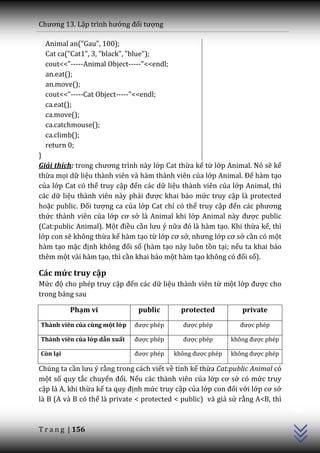Chương 13. Lập trình hướng đối tượng

  Animal an("Gau", 100);
  Cat ca("Cat1", 3, "black", "blue");
  cout<<"-----Animal Object-----"<<endl;
  an.eat();
  an.move();
  cout<<"-----Cat Object-----"<<endl;
  ca.eat();
  ca.move();
  ca.catchmouse();
  ca.climb();
  return 0;
}
Giải thích: trong chương trình n{y lớp Cat thừa kế từ lớp Animal. Nó sẽ kế
thừa mọi dữ liệu thành viên và hàm thành viên của lớp Animal. Để hàm tạo
của lớp Cat có thể truy cập đến các dữ liệu thành viên của lớp Animal, thì
các dữ liệu thành viên này phải được khai báo mức truy cập là protected
hoặc public. Đối tượng ca của lớp Cat chỉ có thể truy cập đến c|c phương
thức thành viên của lớp cơ sở là Animal khi lớp Animal này được public
(Cat:public Animal). Một điều cần lưu ý nữa đó l{ h{m tạo. Khi thừa kế, thì
lớp con sẽ không thừa kế hàm tạo từ lớp cơ sở, nhưng lớp cơ sở cần có một
hàm tạo mặc định không đối số (hàm tạo này luôn tồn tại; nếu ta khai báo
thêm một vài hàm tạo, thì cần khai báo một hàm tạo không có đối số).

Các mức truy cập
Mức độ cho phép truy cập đến các dữ liệu thành viên từ một lớp được cho
trong bảng sau

          Phạm vi              public        protected          private
Thành viên của cùng một lớp   được phép      được phép         được phép

Thành viên của lớp dẫn xuất   được phép      được phép       không được phép

Còn lại                       được phép    không được phép   không được phép

Chúng ta cần lưu ý rằng trong cách viết về tính kế thừa Cat:public Animal có
một số quy tắc chuyển đổi. Nếu các thành viên của lớp cơ sở có mức truy
                                                                               C++




cập là A, khi thừa kế ta quy định mức truy cập của lớp con đối với lớp cơ sở
là B (A và B có thể là private < protected < public) và giả sử rằng A<B, thì



T r a n g | 156
 
