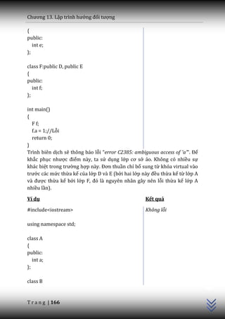 Chương 13. Lập trình hướng đối tượng

{
public:
   int e;
};

class F:public D, public E
{
public:
   int f;
};

int main()
{
  F f;
  f.a = 1;//Lỗi
  return 0;
}
Trình biên dịch sẽ thông báo lỗi “error C2385: ambiguous access of 'a'”. Để
khắc phục nhược điểm này, ta sử dụng lớp cơ sở ảo. Không có nhiều sự
khác biệt trong trường hợp n{y. Đơn thuần chỉ bổ sung từ khóa virtual vào
trước các mức thừa kế của lớp D và E (bởi hai lớp n{y đều thừa kế từ lớp A
v{ được thừa kế bởi lớp F, đó l{ nguyên nh}n g}y nên lỗi thừa kế lớp A
nhiều lần).

Ví dụ                                              Kết quả

#include<iostream>                                 Không lỗi

using namespace std;

class A
{
public:
   int a;
};
                                                                              C++




class B


T r a n g | 166
 