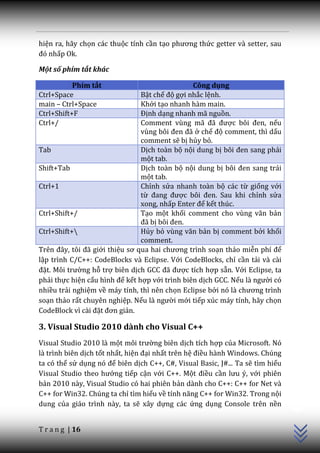hiện ra, hãy chọn các thuộc tính cần tạo phương thức getter và setter, sau
đó nhấp Ok.

Một số phím tắt khác

           Phím tắt                             Công dụng
Ctrl+Space                      Bật chế độ gợi nhắc lệnh.
main – Ctrl+Space               Khởi tạo nhanh hàm main.
Ctrl+Shift+F                    Định dạng nhanh mã nguồn.
Ctrl+/                          Comment vùng m~ đ~ được bôi đen, nếu
                                vùng bôi đen đ~ ở chế độ comment, thì dấu
                                comment sẽ bị hủy bỏ.
Tab                             Dịch toàn bộ nội dung bị bôi đen sang phải
                                một tab.
Shift+Tab                       Dịch toàn bộ nội dung bị bôi đen sang tr|i
                                một tab.
Ctrl+1                          Chỉnh sửa nhanh toàn bộ các từ giống với
                                từ đang được bôi đen. Sau khi chỉnh sửa
                                xong, nhấp Enter để kết thúc.
Ctrl+Shift+/                    Tạo một khối comment cho vùng văn bản
                                đ~ bị bôi đen.
Ctrl+Shift+                    Hủy bỏ vùng văn bản bị comment bởi khối
                                comment.
Trên đ}y, tôi đ~ giới thiệu sơ qua hai chương trình soạn thảo miễn phí để
lập trình C/C++: CodeBlocks và Eclipse. Với CodeBlocks, chỉ cần tải và cài
đặt. Môi trường hỗ trợ biên dịch GCC đ~ được tích hợp sẵn. Với Eclipse, ta
phải thực hiện cấu hình để kết hợp với trình biên dịch GCC. Nếu l{ người có
nhiều trải nghiệm về máy tính, thì nên chọn Eclipse bởi nó l{ chương trình
soạn thảo rất chuyên nghiệp. Nếu l{ người mới tiếp xúc máy tính, hãy chọn
CodeBlock vì c{i đặt đơn giản.

3. Visual Studio 2010 dành cho Visual C++
Visual Studio 2010 là một môi trường biên dịch tích hợp của Microsoft. Nó
là trình biên dịch tốt nhất, hiện đại nhất trên hệ điều hành Windows. Chúng
ta có thể sử dụng nó để biên dịch C++, C#, Visual Basic, J#... Ta sẽ tìm hiểu
Visual Studio theo hướng tiếp cận với C++. Một điều cần lưu ý, với phiên
bản 2010 này, Visual Studio có hai phiên bản dành cho C++: C++ for Net và
                                                                                C++




C++ for Win32. Chúng ta chỉ tìm hiểu về tính năng C++ for Win32. Trong nội
dung của giáo trình này, ta sẽ xây dựng các ứng dụng Console trên nền


T r a n g | 16
 