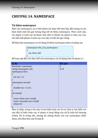 Chương 14. Namespace



CHƯƠNG 14. NAMESPACE

Từ khóa namespace
Nhờ vào namespace, ta có thể nhóm các thực thể như lớp, đối tượng và các
h{m dưới một tên gọi tương ứng với từ khóa namespace. Theo cách này,
các phạm vi toàn cục lại được chia nhỏ ra thành các phạm vi toàn cục con,
mà mỗi một phạm vi toàn cục con này có một tên gọi riêng.

Để khai báo namespace, ta sử dụng từ khóa namespace theo cú pháp sau

               namespace tên_của_namespace
               {
                 các_thực_thể
               }
Để truy cập đến các thực thể của namespace, ta sử dụng toán tử phạm vi ::

Ví dụ                                           Kết quả
#include <iostream>                             5
using namespace std;                            3.14
namespace first
{
  int var = 5;
}
namespace second
{
  double var = 3.14;
}
int main()
{
  cout<<first::var<<endl;
  cout<<second::var<<endl;
  return 0;
}
Như ta thấy, trong ví dụ này có hai biến toàn cục l{ var (lưu ý, hai biến var
n{y đều là biến toàn cục vì phạm vi hoạt động của nó là toàn bộ chương
trình). Dù l{ trùng tên, nhưng do chúng thuộc vào các namespace khác
nhau, nên khai báo này là hợp lệ.



Trang | 178
 
