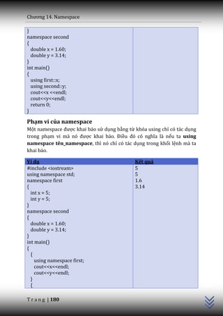 Chương 14. Namespace

}
namespace second
{
  double x = 1.60;
  double y = 3.14;
}
int main()
{
  using first::x;
  using second::y;
  cout<<x <<endl;
  cout<<y<<endl;
  return 0;
}

Phạm vi của namespace
Một namespace được khai báo sử dụng bằng từ khóa using chỉ có tác dụng
trong phạm vi m{ nó được khai b|o. Điều đó có nghĩa l{ nếu ta using
namespace tên_namespace, thì nó chỉ có tác dụng trong khối lệnh mà ta
khai báo.

Ví dụ                                       Kết quả
#include <iostream>                         5
using namespace std;                        5
namespace first                             1.6
{                                           3.14
  int x = 5;
  int y = 5;
}
namespace second
{
  double x = 1.60;
  double y = 3.14;
}
int main()
{
  {
    using namespace first;
    cout<<x<<endl;
                                                                         C++




    cout<<y<<endl;
  }
  {

T r a n g | 180
 