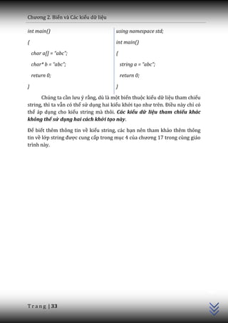 Chương 2. Biến và Các kiểu dữ liệu

int main()                             using namespace std;

{                                      int main()

    char a[] = “abc”;                  {

    char* b = “abc”;                       string a = “abc”;

    return 0;                              return 0;

}                                      }

      Chúng ta cần lưu ý rằng, dù là một biến thuộc kiểu dữ liệu tham chiếu
string, thì ta vẫn có thể sử dụng hai kiểu khởi tạo như trên. Điều này chỉ có
thể áp dụng cho kiểu string mà thôi. Các kiểu dữ liệu tham chiếu khác
không thể sử dụng hai cách khởi tạo này.

Để biết thêm thông tin về kiểu string, các bạn nên tham khảo thêm thông
tin về lớp string được cung cấp trong mục 4 của chương 17 trong cùng giáo
trình này.




                                                                                C++




T r a n g | 33
 
