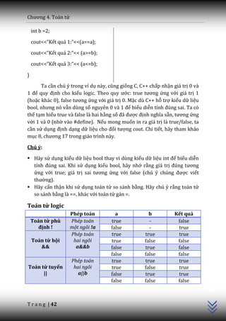 Chương 4. To|n tử

    int b =2;

    cout<<”Kết quả 1:”<<(a==a);

    cout<<”Kết quả 2:”<< (a>=b);

    cout<<”Kết quả 3:”<< (a<=b);

}

      Ta cần chú ý trong ví dụ này, cũng giống C, C++ chấp nhận giá trị 0 và
1 để quy định cho kiểu logic. Theo quy ước: true tương ứng với giá trị 1
(hoặc khác 0), false tương ứng với giá trị 0. Mặc dù C++ hỗ trợ kiểu dữ liệu
bool, nhưng nó vẫn dùng số nguyên 0 v{ 1 để biểu diễn tính đúng sai. Ta có
thể tạm hiểu true và false là hai hằng số đ~ được định nghĩa sẵn, tương ứng
với 1 và 0 (nhờ vào #define). Nếu mong muốn in ra giá trị là true/false, ta
cần sử dụng định dạng dữ liệu cho đối tượng cout. Chi tiết, hãy tham khảo
mục 8, chương 17 trong gi|o trình n{y.

Chú ý:

 Hãy sử dụng kiểu dữ liệu bool thay vì dùng kiểu dữ liệu int để biểu diễn
  tính đúng sai. Khi sử dụng kiểu bool, hãy nhớ rằng giá trị đúng tương
  ứng với true; giá trị sai tương ứng với false (chú ý chúng được viết
  thường).
 Hãy cẩn thận khi sử dụng toán tử so sánh bằng. Hãy chú ý rằng toán tử
  so sánh bằng là ==, khác với toán tử gán =.

Toán tử logic
                    Phép toán          a              b          Kết quả
    Toán tử phủ     Phép toán        true             -           false
       định !       một ngôi !a      false            -           true
                    Phép toán        true           true          true
    Toán tử hội      hai ngôi        true           false         false
       &&             a&&b           false          true          false
                                     false          false         false
                     Phép toán       true           true          true
Toán tử tuyển         hai ngôi       true           false         true
      ||                a||b         false          true          true
                                                                               C++




                                     false          false         false



T r a n g | 42
 