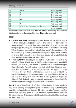 Chương 4. To|n tử

10           == !=                                  Trái-sang-phải
11           &                                      Trái-sang-phải
12           ^                                      Trái-sang-phải
13           |                                      Trái-sang-phải
14           &&                                     Trái-sang-phải
15           ||                                     Trái-sang-phải
16           ?:                                     Phải-sang-trái
17           = *= /= %= += -= >>= <<= &= ^= |=      Phải-sang-trái
18           ,                                      Trái-sang-phải
Các toán tử được thực hiện theo mức ưu tiên từ trên xuống. Nếu các toán
tử cùng mức, nó sẽ được thực hiện theo độ ưu tiên cùng loại.

Ví dụ:

 a = (b=0, c=0, b+c). Toán tử g|n = có độ ưu tiên 17, c|c to|n tử cộng +
  có độ ưu tiên 7, to|n tử () có độ ưu tiên 2 v{ to|n tử , có độ ưu tiên 18.
  Do đó, to|n tử () sẽ được thực hiện trước. Bây giờ ta xét các toán tử
  trong dấu (), chú ý rằng các biểu thức b=0, c=0, b+c là các biểu thức riêng
  biệt, chúng được phân tách bởi toán tử phân tách (,). Theo thứ tự ưu tiên
  của toán tử phẩy, nó sẽ thực hiện từ trái-sang-phải. Nghĩa l{ b=0, c=0 sau
  đó l{ b+c. Cuối cùng nó sẽ thực hiện toán tử gán giá trị của biểu thức
  phức hợp bên phải cho bên trái. Kết quả là 0.
 a = (1+2)*3/2++. Toán tử g|n (độ ưu tiên 17), to|n tử + (độ ưu tiên 7),
  toán tử * (độ ưu tiên 6), to|n tử / (độ ưu tiên 6), to|n tử ++ hậu tố (độ
  ưu tiên 2) v{ to|n tử () (độ ưu tiên 2). Toán tử hậu tố ++ và toán tử () sẽ
  thực hiện trước. Theo độ ưu tiên cùng loại, nó sẽ thực thi từ trái-sang-
  phải. Như vậy, toán tử () sẽ được thực hiện đầu tiên. Nghĩa l{ ta nhận
  được biểu thức a = 3*3/2++. Tiếp theo, nó thực hiện toán tử hậu tố ++,
  tuy nhiên toán tử này chỉ tăng gi| trị của 2 lên 1 sau khi thực hiện xong
  các phép toán trong biểu thức. Đến thời điểm này, ta nhận được biểu
  thức a=3*3/2. Toán tử * v{ / có cùng độ ưu tiên, nó sẽ được thực hiện
  theo thứ trự từ trái sang phải, nghĩa l{ a=9/2=4. Kết quả 4.

Lưu ý. Trong ví dụ thứ hai, việc sử dụng phép toán 2++ là không hợp lệ. Ở
đ}y, chỉ có tác dụng minh họa trực quan. Còn 2 là một hằng số, ta không thể
thực hiện phép toán 2++ để l{m thay đổi giá trị của hằng. Trong C++, chúng
                                                                                C++




ta cần thực hiện phép g|n b = 2; sau đó l{ b++. Nghĩa l{ ta cần biểu diễn
biểu thức như sau để thu được một kết quả chính xác có thể bảo đảm thực
thi được trong C++.

T r a n g | 50
 
