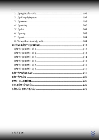 2. Lớp ngăn xếp stack .................................................................................................. 196
   3. Lớp h{ng đợi queue................................................................................................. 197
   3. Lớp vector ................................................................................................................... 198
   4. Lớp string .................................................................................................................... 200
   5. Lớp list .......................................................................................................................... 203
   6. Lớp map ....................................................................................................................... 203
   7. Lớp set .......................................................................................................................... 204
   8. Các lớp thư viện nhập xuất................................................................................... 204
HƯỚNG DẪN THỰC HÀNH ............................................................................... 212
   BÀI THỰC HÀNH SỐ 1 ................................................................................................. 212
   BÀI THỰC HÀNH SỐ 2 ................................................................................................. 213
   BÀI THỰC HÀNH SỐ 3 ................................................................................................. 214
   BÀI THỰC HÀNH SỐ 4 ................................................................................................. 215
   BÀI THỰC HÀNH SỐ 5 ................................................................................................. 215
   BÀI THỰC HÀNH SỐ 6 ................................................................................................. 216
BÀI TẬP NÂNG CAO ............................................................................................ 218
BÀI TẬP LỚN ....................................................................................................... 225
DANH SÁCH HÌNH ............................................................................................... 228
TRA CỨU TỪ KHÓA ............................................................................................ 229
TÀI LIỆU THAM KHẢO ....................................................................................... 230
                                                                                                                                                C++




Trang |6
 