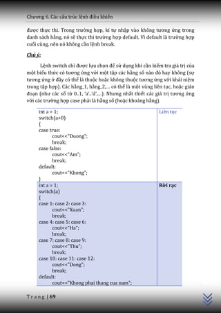 Chương 6. C|c cấu trúc lệnh điều khiển

được thực thi. Trong trường hợp, kí tự nhập v{o không tương ứng trong
danh sách hằng, nó sẽ thực thi trường hợp default. Vì default l{ trường hợp
cuối cùng, nên nó không cần lệnh break.

Chú ý:

      Lệnh switch chỉ được lựa chọn để sử dụng khi cần kiểm tra giá trị của
một biểu thức có tương ứng với một tập các hằng số n{o đó hay không (sự
tương ứng ở đ}y có thể là thuộc hoặc không thuộc tương ứng với khái niệm
trong tập hợp). Các hằng_1, hằng_2,… có thể là một vùng liên tục, hoặc gián
đoạn (như c|c số từ 0..1, ‘a’..’d’,…). Nhưng nhất thiết các giá trị tương ứng
với c|c trường hợp case phải là hằng số (hoặc khoảng hằng).

     int a = 1;                                             Liên tục
     switch(a>0)
     {
     case true:
            cout<<"Duong";
            break;
     case false:
            cout<<"Am";
            break;
     default:
            cout<<"Khong";
     }
     int a = 1;                                             Rời rạc
     switch(a)
     {
     case 1: case 2: case 3:
            cout<<"Xuan";
            break;
     case 4: case 5: case 6:
            cout<<"Ha";
            break;
     case 7: case 8: case 9:
            cout<<"Thu";
            break;
     case 10: case 11: case 12:
            cout<<"Dong";
                                                                                C++




            break;
     default:
            cout<<"Khong phai thang cua nam";

T r a n g | 69
 