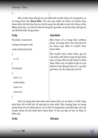 Chương 7. H{m

}

      Nếu muốn thay đổi giá trị của biến khi truyền tham số trong hàm, ta
sử dụng khai báo tham biến. Với việc quy định các tham số truyền theo
tham biến, thì khi khai báo ta chỉ bổ sung vào dấu & ở trước tên tham số đó.
Bằng cách này, các biến l{ đối số trong lời gọi hàm sẽ bị l{m thay đổi giá trị
sau khi kết thúc lời gọi hàm.

Ví dụ                                   Giải thích

#include <iostream>                     Nếu tham số a trong hàm setNum
                                        được sử dụng như trên (int &a) thì
using namespace std;
                                        nó được quy định là truyền theo
void setNum(int &a)                     tham biến.

{                                       Khi truyền theo tham biến, giá trị
                                        của biến xuất hiện trong lời gọi hàm
    a = 0;
                                        này, sẽ thay đổi sau khi thoát ra khỏi
}                                       h{m. Điều n{y có nghĩa l{ gi| trị của
                                        biến b trước khi gọi hàm là 1, sau khi
int main()                              gọi hàm, nó vẫn nhận giá trị là 0.
{

    int b = 1;

    setNum(b);

    cout<<b;

    return 0;

}

      Việc sử dụng khai báo hàm theo tham biến có ưu điểm: ta biết rằng,
một hàm chỉ có thể trả về một giá trị duy nhất. Nếu trường hợp, ta mong
muốn hàm trả về nhiều giá trị, ta có thể sử dụng hàm void kết hợp với việc
truyền tham số cho hàm theo tham biến. Ví dụ sau đ}y sẽ cho ta thấy rõ
điều này.
                                                                                 C++




Ví dụ                                   Kết quả




T r a n g | 80
 