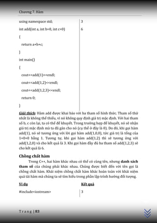 Chương 7. H{m

using namespace std;                   3

int add(int a, int b=0, int c=0)       6

{

    return a+b+c;

}

int main()

{

    cout<<add(1)<<endl;

    cout<<add(1,2)<<endl;

    cout<<add(1,2,3)<<endl;

    return 0;

}

Giải thích: H{m add được khai báo với ba tham số hình thức. Tham số thứ
nhất là không thể thiếu, vì nó không quy định giá trị mặc định. Với hai tham
số b, c còn lại, ta có thể để khuyết. Trong trường hợp để khuyết, nó sẽ nhận
giá trị mặc định m{ ta đ~ g|n cho nó (cụ thể ở đ}y l{ 0). Do đó, khi gọi hàm
add(1), nó sẽ tương ứng với lời gọi hàm add(1,0,0), tức giá trị là tổng của
1+0+0 bằng 1. Tương tự, khi gọi hàm add(1,2) thì sẽ tương ứng với
add(1,2,0) và cho kết quả là 3. Khi gọi h{m đầy đủ ba tham số add(1,2,3) sẽ
cho kết quả là 6.

Chồng chất hàm
      Trong C++, hai hàm khác nhau có thể có cùng tên, nhưng danh sách
tham số của chúng phải khác nhau. Chúng được biết đến với tên gọi là
chồng chất hàm. Khái niệm chồng chất hàm khác hoàn toàn với khái niệm
quá tải hàm mà chúng ta sẽ tìm hiểu trong phần lập trình hướng đối tượng.

Ví dụ                                  Kết quả
                                                                               C++




#include<iostream>                     3




T r a n g | 83
 