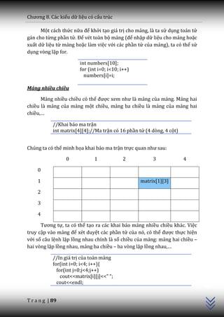 Chương 8. C|c kiểu dữ liệu có cấu trúc

      Một cách thức nữa để khởi tạo giá trị cho mảng, là ta sử dụng toán tử
gán cho từng phần tử. Để vét toàn bộ mảng (để nhập dữ liệu cho mảng hoặc
xuất dữ liệu từ mảng hoặc làm việc với các phần tử của mảng), ta có thể sử
dụng vòng lặp for.

                        int numbers[10];
                        for (int i=0; i<10; i++)
                          numbers[i]=i;

Mảng nhiều chiều

      Mảng nhiều chiều có thể được xem như là mảng của mảng. Mảng hai
chiều là mảng của mảng một chiều, mảng ba chiều là mảng của mảng hai
chiều,…

            //Khai báo ma trận
            int matrix[4][4];//Ma trận có 16 phần tử (4 dòng, 4 cột)


Chúng ta có thể minh họa khai báo ma trận trực quan như sau:

                  0            1            2           3              4

     0

     1                                             matrix[1][3]

     2

     3

     4

      Tương tự, ta có thể tạo ra các khai báo mảng nhiều chiều khác. Việc
truy cập vào mảng để xét duyệt các phần tử của nó, có thể được thực hiện
với số câu lệnh lặp lồng nhau chính là số chiều của mảng: mảng hai chiều –
hai vòng lặp lồng nhau, mảng ba chiều – ba vòng lặp lồng nhau,…

            //In giá trị của toàn mảng
            for(int i=0; i<4; i++){
              for(int j=0;j<4;j++)
                                                                              C++




                cout<<matrix[i][j]<<” “;
              cout<<endl;


T r a n g | 89
 