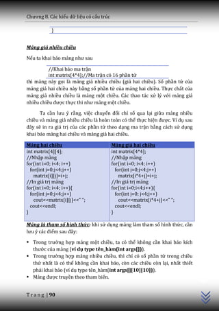 Chương 8. C|c kiểu dữ liệu có cấu trúc

            }


Mảng giả nhiều chiều

Nếu ta khai báo mảng như sau

          //Khai báo ma trận
          int matrix[4*4];//Ma trận có 16 phần tử
thì mảng này gọi là mảng giả nhiều chiều (giả hai chiều). Số phần tử của
mảng giả hai chiều này bằng số phần tử của mảng hai chiều. Thực chất của
mảng giả nhiều chiều là mảng một chiều. Các thao tác xử lý với mảng giả
nhiều chiều được thực thi như mảng một chiều.

      Ta cần lưu ý rằng, việc chuyển đổi chỉ số qua lại giữa mảng nhiều
chiều và mảng giả nhiều chiều là hoàn toàn có thể thực hiện được. Ví dụ sau
đ}y sẽ in ra giá trị của các phần tử theo dạng ma trận bằng cách sử dụng
khai báo mảng hai chiều và mảng giả hai chiều.

Mảng hai chiều                           Mảng giả hai chiều
int matrix[4][4];                        int matrix[4*4];
//Nhập mảng                              //Nhập mảng
for(int i=0; i<4; i++)                   for(int i=0; i<4; i++)
  for(int j=0;j<4;j++)                     for(int j=0;j<4;j++)
    matrix[i][j]=i+j;                        matrix[i*4+j]=i+j;
//In giá trị mảng                        //In giá trị mảng
for(int i=0; i<4; i++){                  for(int i=0;i<4;i++){
  for(int j=0;j<4;j++)                     for(int j=0; j<4;j++)
    cout<<matrix[i][j]<<” “;                 cout<<matrix[i*4+j]<<” “;
  cout<<endl;                              cout<<endl;
}                                        }

Mảng là tham số hình thức: khi sử dụng mảng làm tham số hình thức, cần
lưu ý c|c điểm sau đ}y:

 Trong trường hợp mảng một chiều, ta có thể không cần khai báo kích
  thước của mảng (ví dụ type tên_hàm(int args[])).
 Trong trường hợp mảng nhiều chiều, thì chỉ có số phần tử trong chiều
  thứ nhất là có thể không cần khai báo, còn các chiều còn lại, nhất thiết
                                                                              C++




  phải khai báo (ví dụ type tên_hàm(int args[][10][10])).
 Mảng được truyền theo tham biến.


T r a n g | 90
 