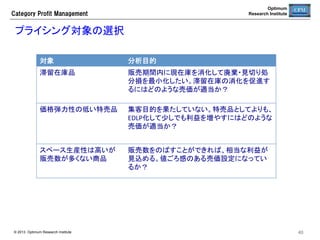 Optimum
Research Institute

Category  Profit  Management

自動発注の完了確認	
CPMシステムのトップ画面で、発注計算が正常に完了しているか、障害が発生
していないか確認する。	

障害発生	

リカバリー	

見込み発注	

障害発生時は、関係担当へ連絡する。	

障害発生の原因を分析し、リカバリーを行う。	

リカバリーが間に合わない場合は、見込み発注に
切り替えて発注する。	

障害発生時には、別途、障害メールが担当者に送信されるようになってり、ダブルチェック体制がとられている。	
© 2013 Optimum Research Institute

40	


 