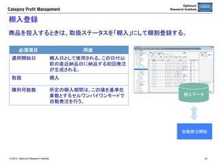 Optimum
Research Institute

Category  Profit  Management

発注日の管理	
仕入先に対する発注曜日を指定する。	

必須項目	

用途	

適用開始日	

適用開始される日付	

仕入先ID	

仕入先/DC	

仕入区分	

仕入先、DC	

店舗グループID	
 Allまたは特定店舗グループ	
店舗ID	

Allまたは特定店舗	

大分類ID	

Allまたは特定大分類	

中分類ID	

Allまたは特定中分類	

小分類ID	

Allまたは特定小分類	

商品ID	

Allまたは特定商品	

発注曜日	

発注曜日をチェック	

© 2013 Optimum Research Institute

47	


 