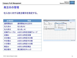 Optimum
Research Institute

Category  Profit  Management

季節指数管理	
店鋪グループごとの季節指数を作成し、需要予測のコーザルとして利用する。
	
必須項目	

用途	

店鋪グループID	

Allまたは特定の店鋪グループ	

店鋪ID	

Allまたは特定の店鋪	

売場大ID	

Allまたは特定大分類	

売場中ID	

Allまたは特定中分類	

売場小ID	

Allまたは特定小分類	

季節指数ID	

自動的に割り当てられる	

季節指数名	

任意の名称	

© 2013 Optimum Research Institute

65	


 