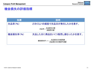 Optimum
Research Institute

Category  Profit  Management

需要予測モデルの構成	
ＣＰＭの需要予測システムは、多変量系列相関モデルを採用することで、従
来の統計パッケージでは実現できない高い精度の予測値を生成する。	

時系列データに対して、目的変数に影響を与えるコーザルを
多変量系列相関モデル	
 選定し、系列相関モデルに基づき予測モデルを構築する。
（コーザルの弾力性はロジスティック関数を使用）	
コーザルの影響を除去した残差に対して、トレンドと循環変
トレンドの抽出・分解	
 動を抽出する。	
当該商品に関するコーザルを取捨選択することで、単品ごと
予測モデル最適化	
 に最適な予測モデルを構築する。	

予測値の合成	

© 2013 Optimum Research Institute

コーザルによる推定値とトレンド変動を合成して予測値を算
出する。	

79	


 