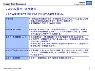 Optimum
Research Institute

Category  Profit  Management

経済発注サイクル(EOCT)による調達コストの最適化	
発注に伴って発生する調達総費用を最小化する発注サイクルを自動算出し
て、発注頻度を適正化する。	
1日当たり総費用を最小化する経済発注サイクル	

35.0	
30.0	

経済発注サイクルのパラメータ	

25.0	

原価（円）	

300	

資本コスト%	

10%	

15.0	

需要（個／日）	

D	

10.0	

１発注当たり段取りコスト（円／回）	

5	

5.0	

0.3	

0.0	

段取りコスト	
在庫維持コスト 
+棚メンテコスト	
総コスト	

20.0	

１ピース１日当たり陳列メンテコスト（円／日）	

0	

5	

10	

経済発注サイクルは、商品特性
に応じて動的に変化する。	

経
済
発
注

1,000.0	
  

15	

20	

発注サイクル	

経済発注サイクルと１日当り需要との関係	

100.0	
  
10.0	
  
1.0	
  

	
© 2013 Optimum Research Institute

0.1	
  
0.001	
  

0.01	
  

0.1	
  
1	
  
10	
  
１日当たり需要	
  D	

100	
  

1000	
  
90

 