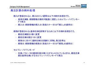 Category  Profit  Management

Optimum
Research Institute

発注計算の例外処理	
棚入が登録されると、棚入日から1週間は以下の例外処理を行う。
•  基準在庫数：棚割情報の陳列可能数に固定したセルワン・バイワンモー
ドで発注
•  棚入日：棚割情報の棚入日（取扱ステータスが「棚入」の適用日）
棚落が登録されると基準在庫を抑制するために以下の例外処理を行う。
•  最低在庫数を０個に変更
•  最低在庫日数を1日に変更
•  棚落日に向けて基準在庫を自動的に抑制し発注を停止
•  棚落日：棚割情報の棚落日（取扱ステータスが「棚落」の適用日）
セルワン・バイワンモード
•  在庫パラメータの最低在庫日数に０がセットされているときは、最低在庫
数を基準在庫とするセルワン・バイワンモードで発注	

© 2013 Optimum Research Institute

97

 