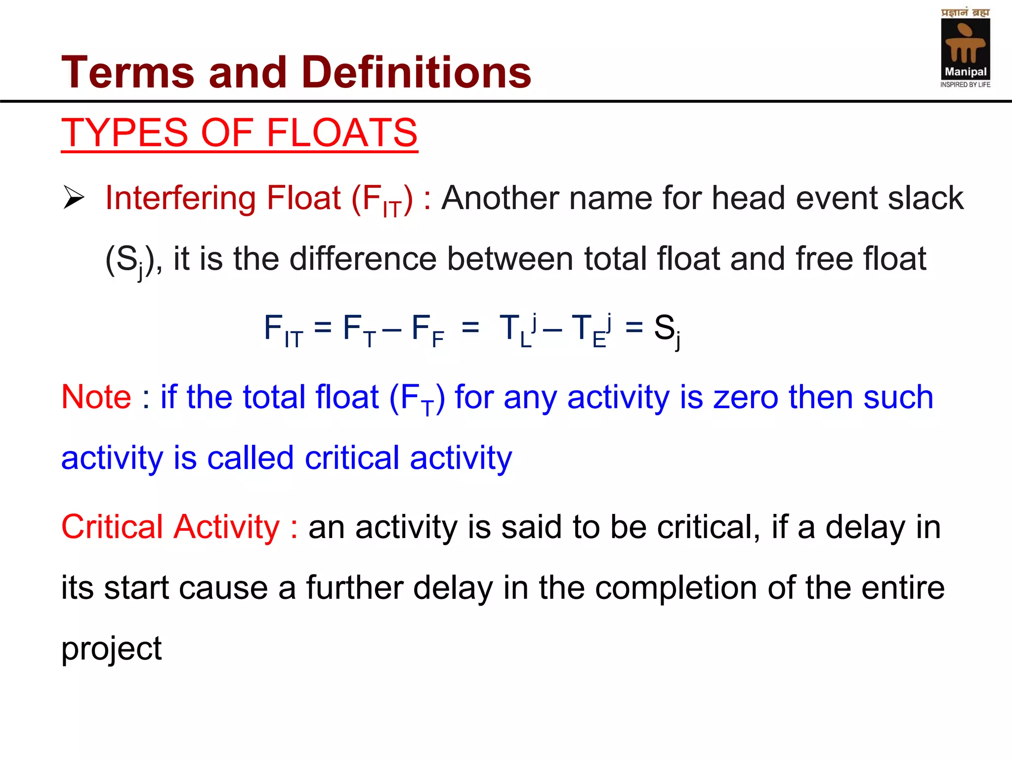 Terms and Definitions 
TYPES OF FLOATS 
Interfering Float (FIT) : Another name for head event slack (Sj), it is the difference between total float and free float 
FIT= FT–FF = TLj –TEj = Sj 
Note : if the total float (FT) for any activity is zero then such activity is called critical activity 
Critical Activity : an activity is said to be critical, if a delay in its start cause a further delay in the completion of the entire project  