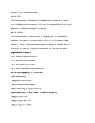 suppliers, labor or sub-contractors.
• Receivables
This row summarizes the cash flow of receipts from the owner. Note that the
actual receipts from the owner may differ from the amounts billed due to delayed
payments or retainage on the part of the owner.
• Cash Position
This row summarizes the cash position of the project as if all expenses and
receipts for the project were combined in a single account. Each of the rows
shown in Table 12-8 would be derived from different sets of financial accounts.
Additional reports could be prepared on the financing cash flows for bonds .
improve in total control:
1) To improve worker enthusiasm
2) To reduce the defective items
3) To increase the cost of items
4) To insure safe and effective construction
factorsaffecying Quality in construction:
1) Incorrect Design
2) Improper workmanship
3) Lack of attention in worksite
4) Lack of training in construction work
Mention the causes of Accident in a construction industry:
1) Physical Accident
2) Physiological Accident
3) Psychological Accident
 