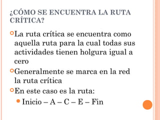 ¿CÓMO SE ENCUENTRA LA RUTA
CRÍTICA?
La ruta crítica se encuentra como
aquella ruta para la cual todas sus
actividades tienen holgura igual a
cero
Generalmente se marca en la red
la ruta crítica
En este caso es la ruta:
Inicio – A – C – E – Fin
 