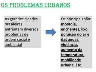 Os Problemas Urbanos
As grandes cidades
brasileiras
enfrentam diversos
problemas de
ordem social e
ambiental
Os principais são:
moradia,
enchentes, lixo,
poluição do ar e
das águas,
violência,
aumento da
temperatura,
mobilidade
urbana. Etc.
 