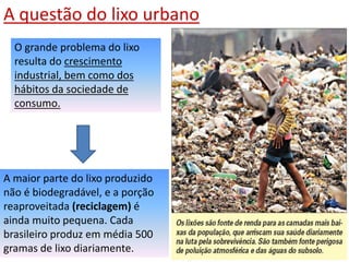 A questão do lixo urbano
O grande problema do lixo
resulta do crescimento
industrial, bem como dos
hábitos da sociedade de
consumo.
A maior parte do lixo produzido
não é biodegradável, e a porção
reaproveitada (reciclagem) é
ainda muito pequena. Cada
brasileiro produz em média 500
gramas de lixo diariamente.
 