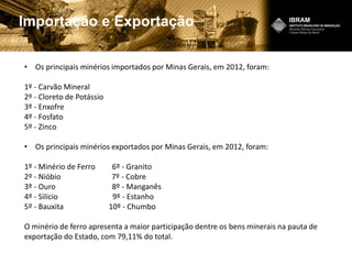 Importação e Exportação
• Os principais minérios importados por Minas Gerais, em 2012, foram:
1º - Carvão Mineral
2º - Cloreto de Potássio
3º - Enxofre
4º - Fosfato
5º - Zinco
• Os principais minérios exportados por Minas Gerais, em 2012, foram:
1º - Minério de Ferro 6º - Granito
2º - Nióbio 7º - Cobre
3º - Ouro 8º - Manganês
4º - Silício 9º - Estanho
5º - Bauxita 10º - Chumbo
O minério de ferro apresenta a maior participação dentre os bens minerais na pauta de
exportação do Estado, com 79,11% do total.
 
