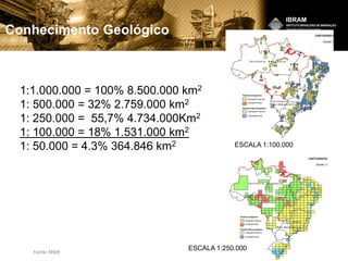 1:1.000.000 = 100% 8.500.000 km2
1: 500.000 = 32% 2.759.000 km2
1: 250.000 = 55,7% 4.734.000Km2
1: 100.000 = 18% 1.531.000 km2
1: 50.000 = 4.3% 364.846 km2 ESCALA 1:100.000
ESCALA 1:250.000
Conhecimento Geológico
Fonte: MME
 