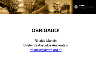 OBRIGADO!
Rinaldo Mancin
Diretor de Assuntos Ambientais
rmancin@ibram.org.br
 