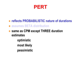 PERT
 reflects PROBABILISTIC nature of durations
 assumes BETA distribution
 same as CPM except THREE duration
estimates
optimistic
most likely
pessimistic
 